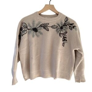 Bruno Manetti Off White Embroidered Floral 100% Cashmere Knit Pullover Sweater